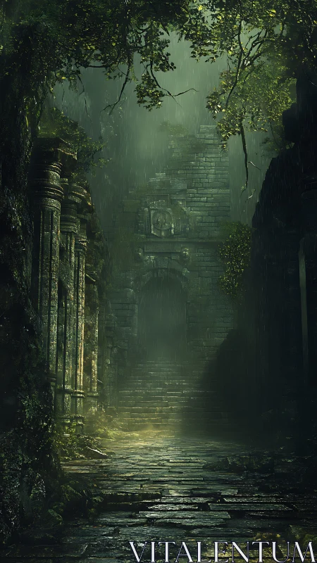 Overgrown stone corridor leads toward recessed temple entrance