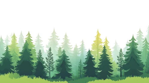 Lush Evergreen Forest Landscape in Flat Vector Art Style.