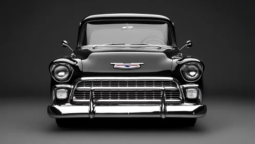 Classic black Chevy truck front view in studio lighting.