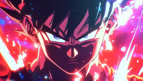 Fierce anime warrior crowned in neon stormlight focus.