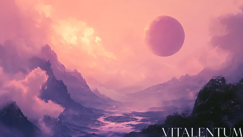 Pink alien valley under large distant planet at dusk.