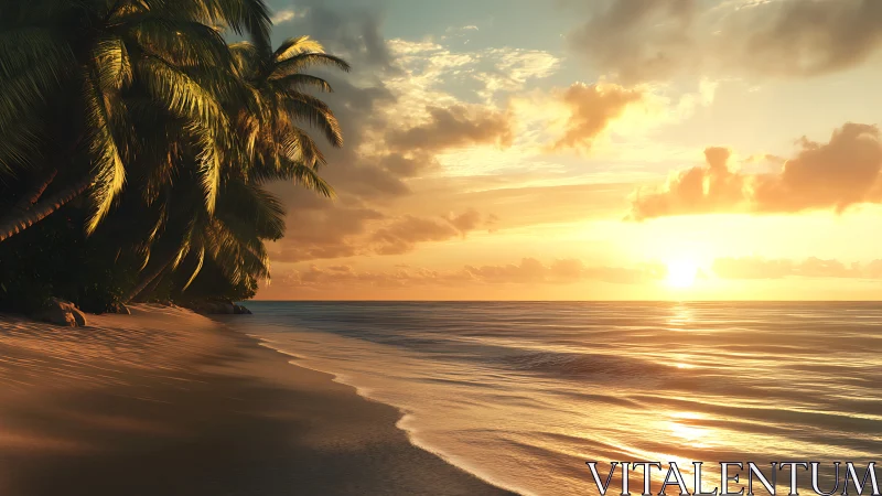 Calm tropical beach shoreline at sunset with soft surf glow.