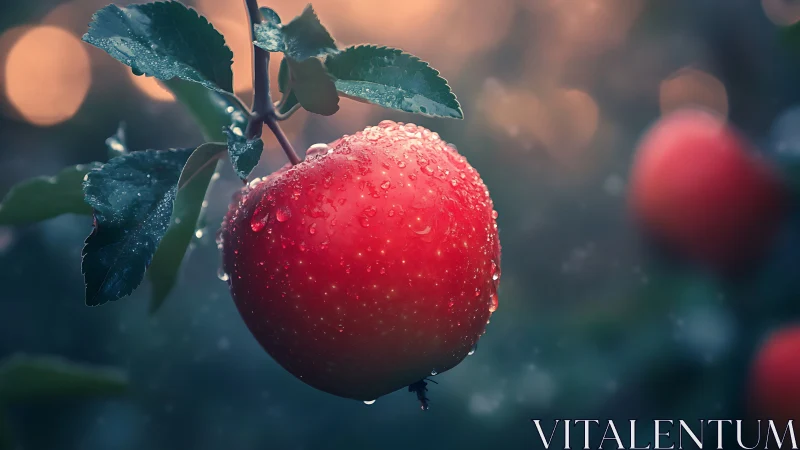 Luminous red apple with raindrops in soft bokeh orchard.