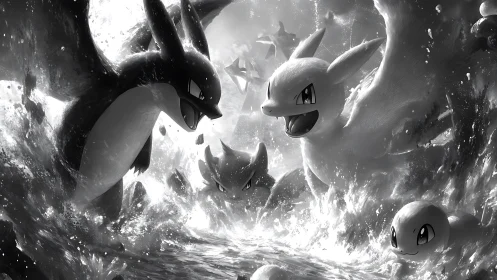 Epic clash of stylized aquatic creatures in stormy surf.