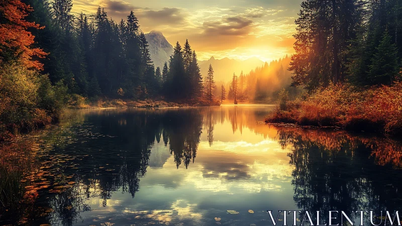 Golden sunrise glows over tranquil forest lake reflections