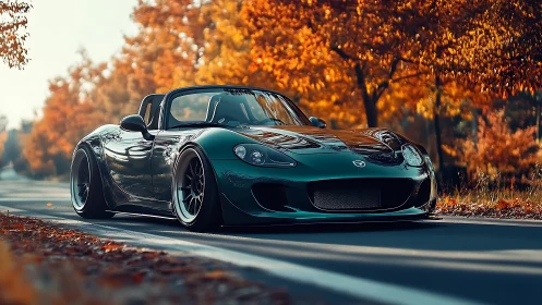 Modified Mazda roadster cuts through autumnal forest light