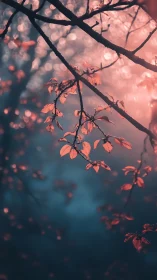 Soft pink leaves glow gently in dreamy forest evening light