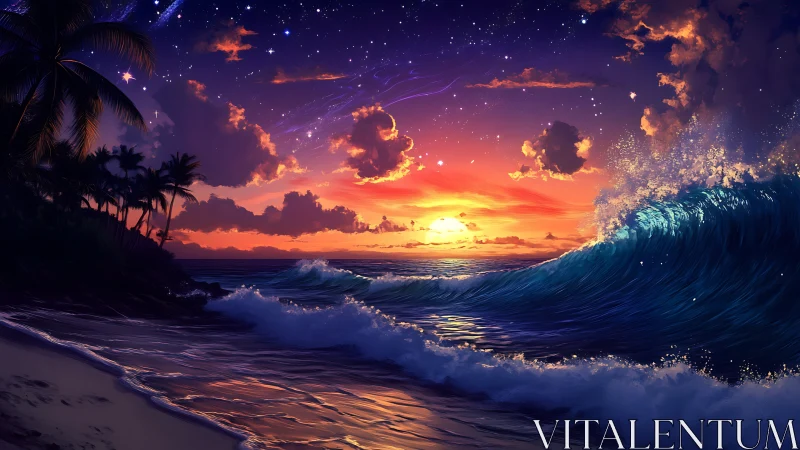 Vibrant cosmic sunset rolls over a tropical starlit shore