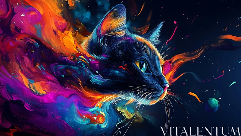 Neon Cat in Cosmic Void with Liquid Energy Flow.