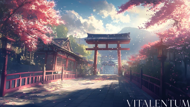 Sunlit shrine torii frames cherry blossom temple path