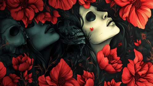 Crimson poppies cradle spectral faces between life and ruin.
