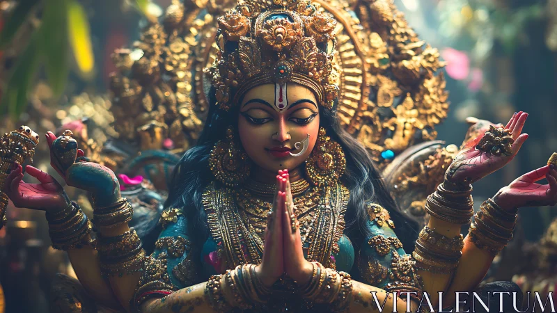 Golden Hindu goddess statue with folded hands in prayer pose.