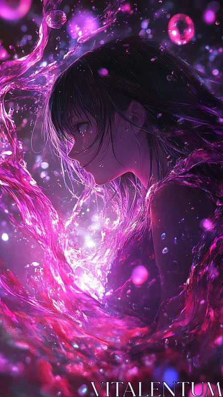 Girl in profile surrounded by luminous swirling magenta liquid