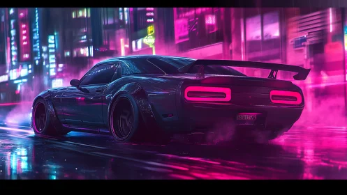 Cyberpunk muscle car under neon lights at night street.