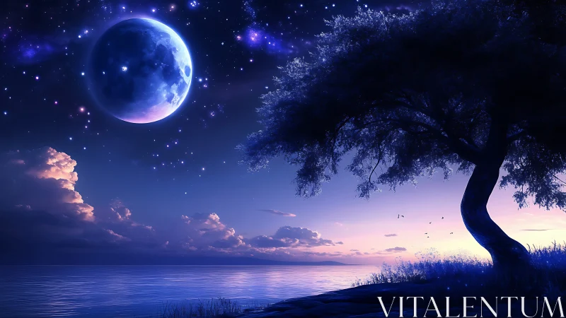 Lunar shoreline twilight under star dense violet nebula sky
