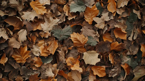 Overlapping deciduous leaf litter in compressed autumnal palette.