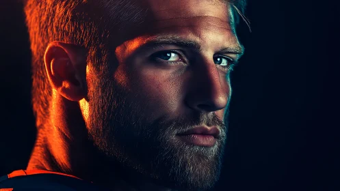 Bearded male portrait under cinematic teal and orange light.