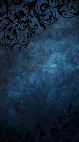 Ornate black floral silhouettes frame textured blue background