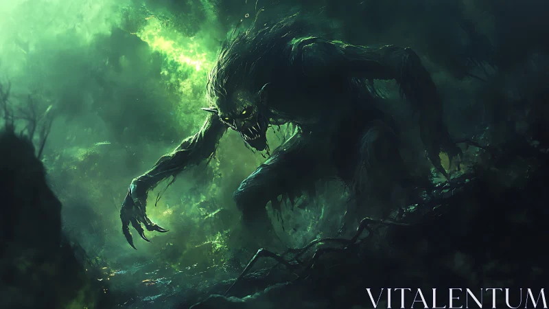 Bioluminescent swamp wraith emerging through toxic mist