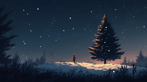 Solitary child under glowing winter pine at dusk.