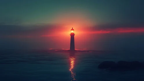 Solitary lighthouse stands against low sun over calm water