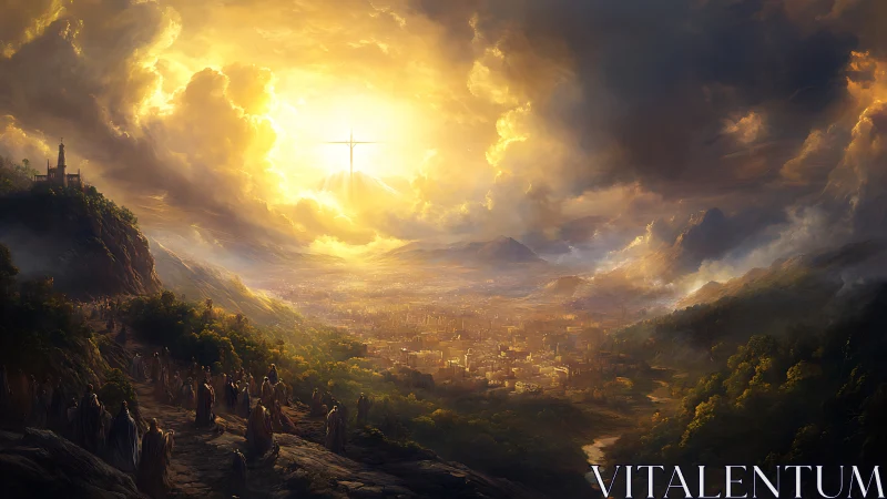 Golden celestial dawn over sprawling valley cityscape.