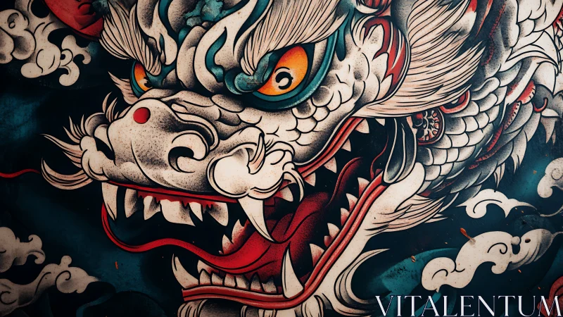 Japanese dragon head illustration fills frame with clouds