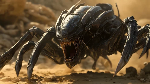 Armored alien insect lunges across sunlit desert battlefield.
