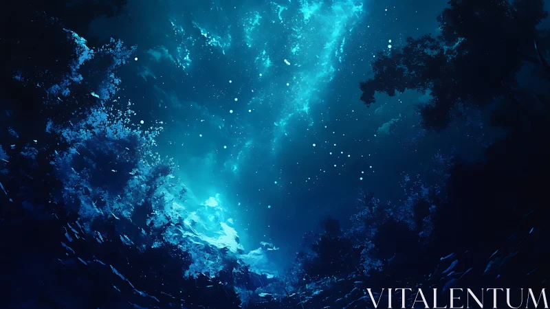 Midnight forest gazes up into a drifting cosmic ocean.