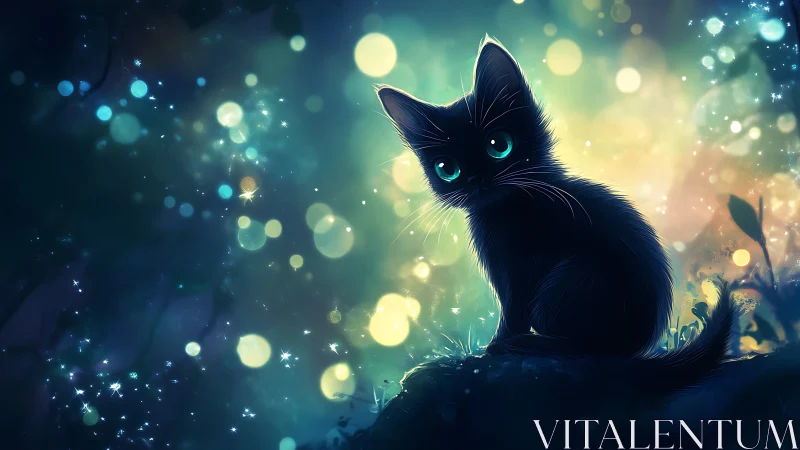 Black Cat with Glowing Blue Eyes in Magical Bokeh Setting.