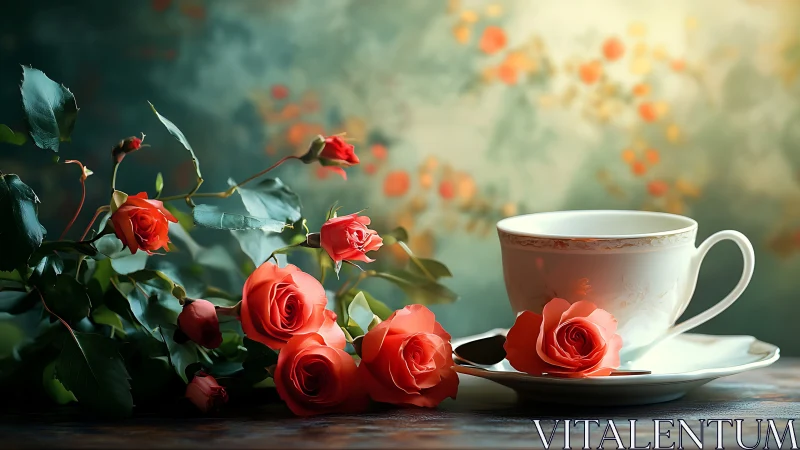 Red Roses and Porcelain Teacup in Warm Sunlight