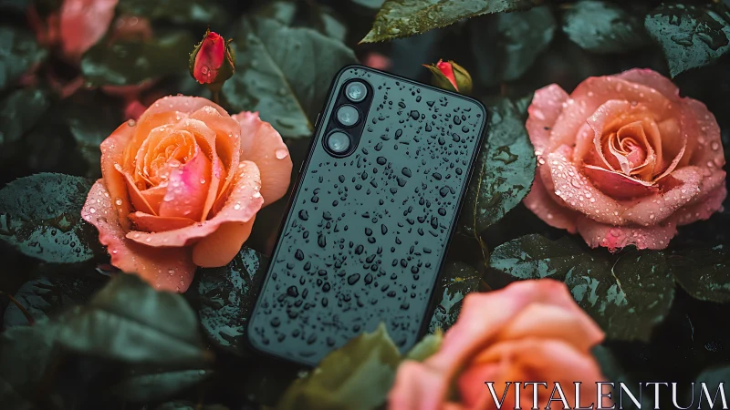 Water-dropped smartphone on roses in cinematic macro frame.