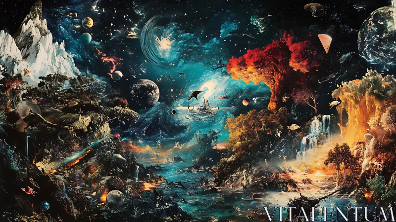 Dreamlike cosmic forest where planets drift above waterfalls.