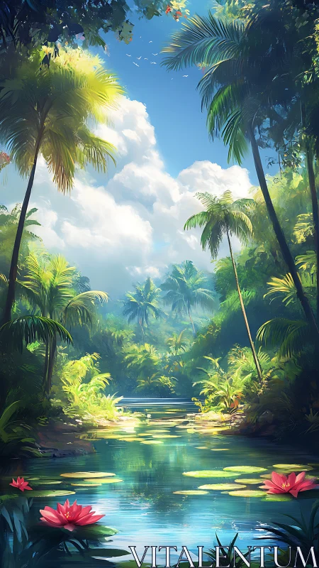 Lush tropical lagoon with lilies under towering palms.