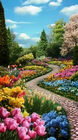 Curving cobblestone path through dense multicolored spring garden