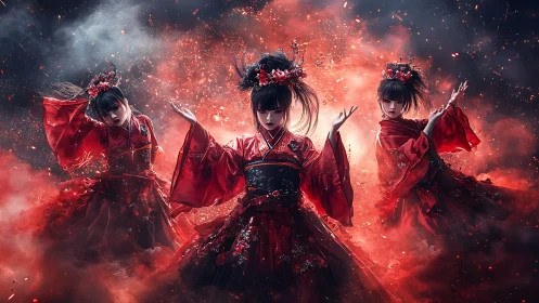 Triadic kimono dancers emerge through volumetric ember smoke field