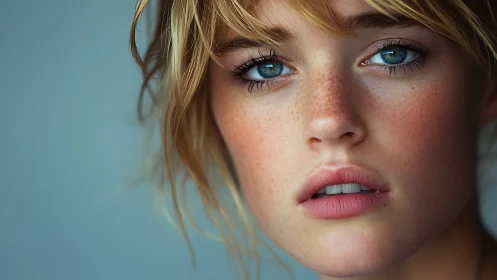 Soft-lit close-up portrait captures longing in blue eyes
