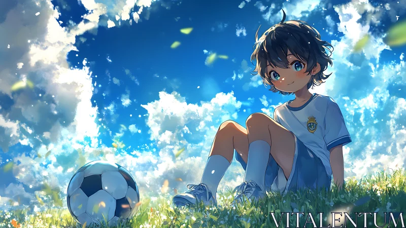 Youth soccer player resting on sunny grass field.