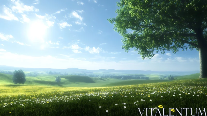 Sunlit meadow unfolds beneath a lone sheltering tree