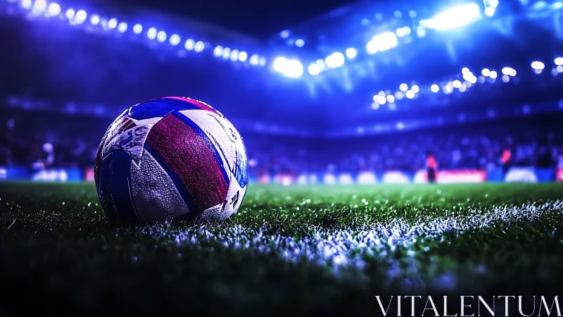 Floodlit soccer ball rests on dewy pitch in shallow focus