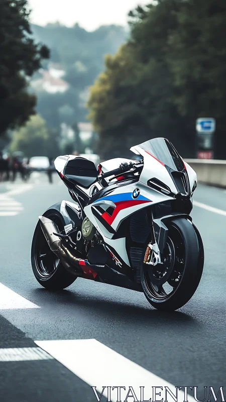 Sleek BMW sport bike waits on a calm tree lined roadway