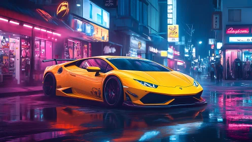 Yellow supercar on wet neon street in urban night scene.