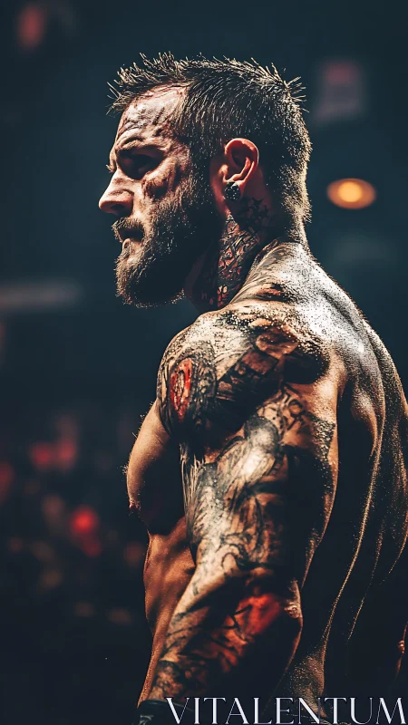 Tattooed fighter pausing in the spotlight, strength and focus.