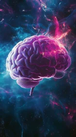 Luminous human brain model suspended in high contrast nebular void