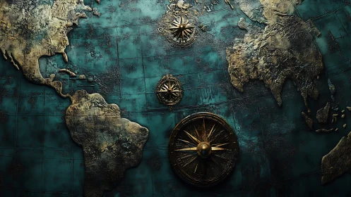 Compass roses quietly steer a weathered teal worldmap