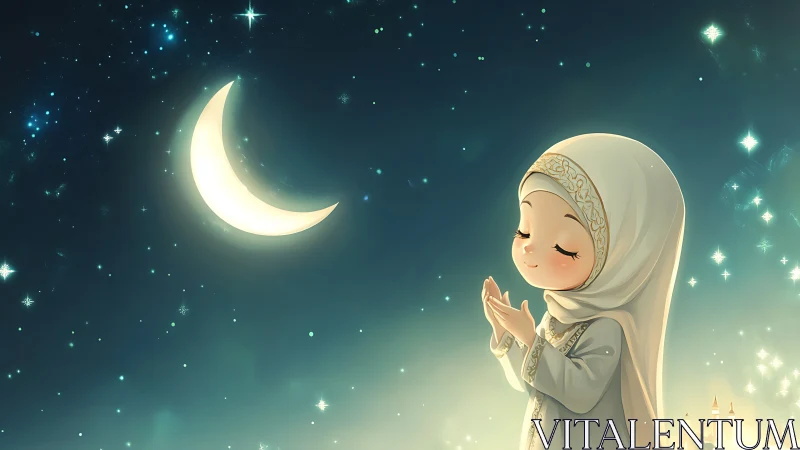 Anime nocturne of praying child under luminous crescent moon.