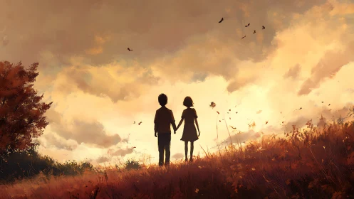 Children holding hands under warm autumn sky at dusk.