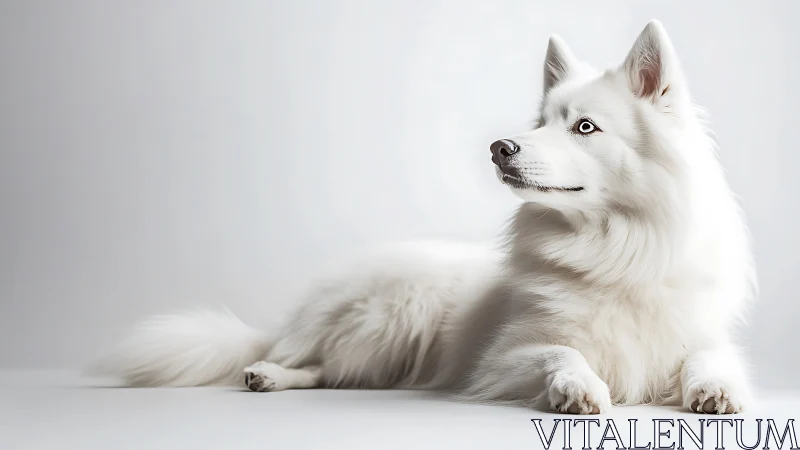 Snowlit white dog reclines in serene studio daydream.