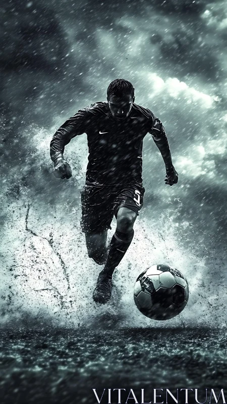 Storm-forged striker chasing glory through roaring rain.