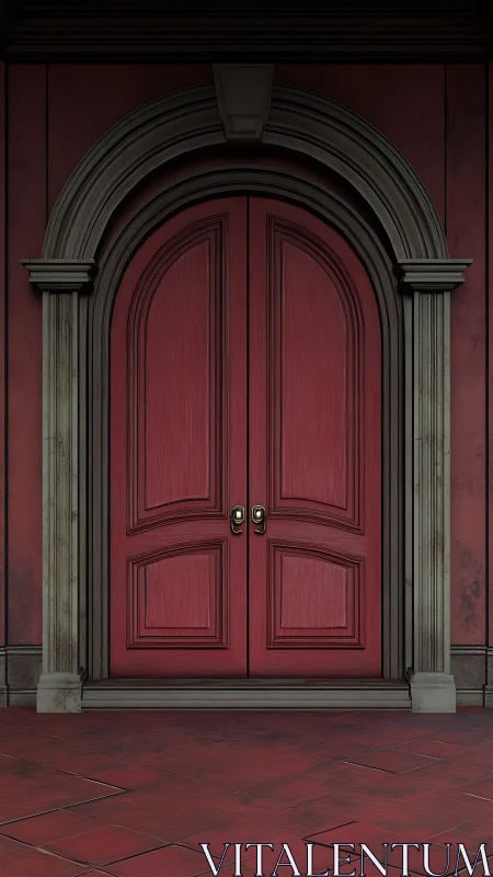 Red double door under ornate stone arch in dim hall.